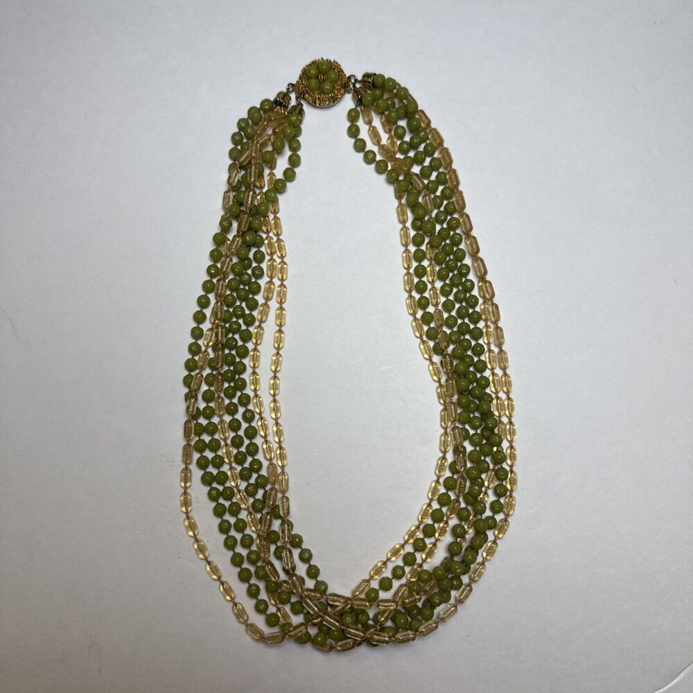 Vintage 1940s 8-Strand Green Beaded Torsade Necklace - Ornate Clasp Estate Piece